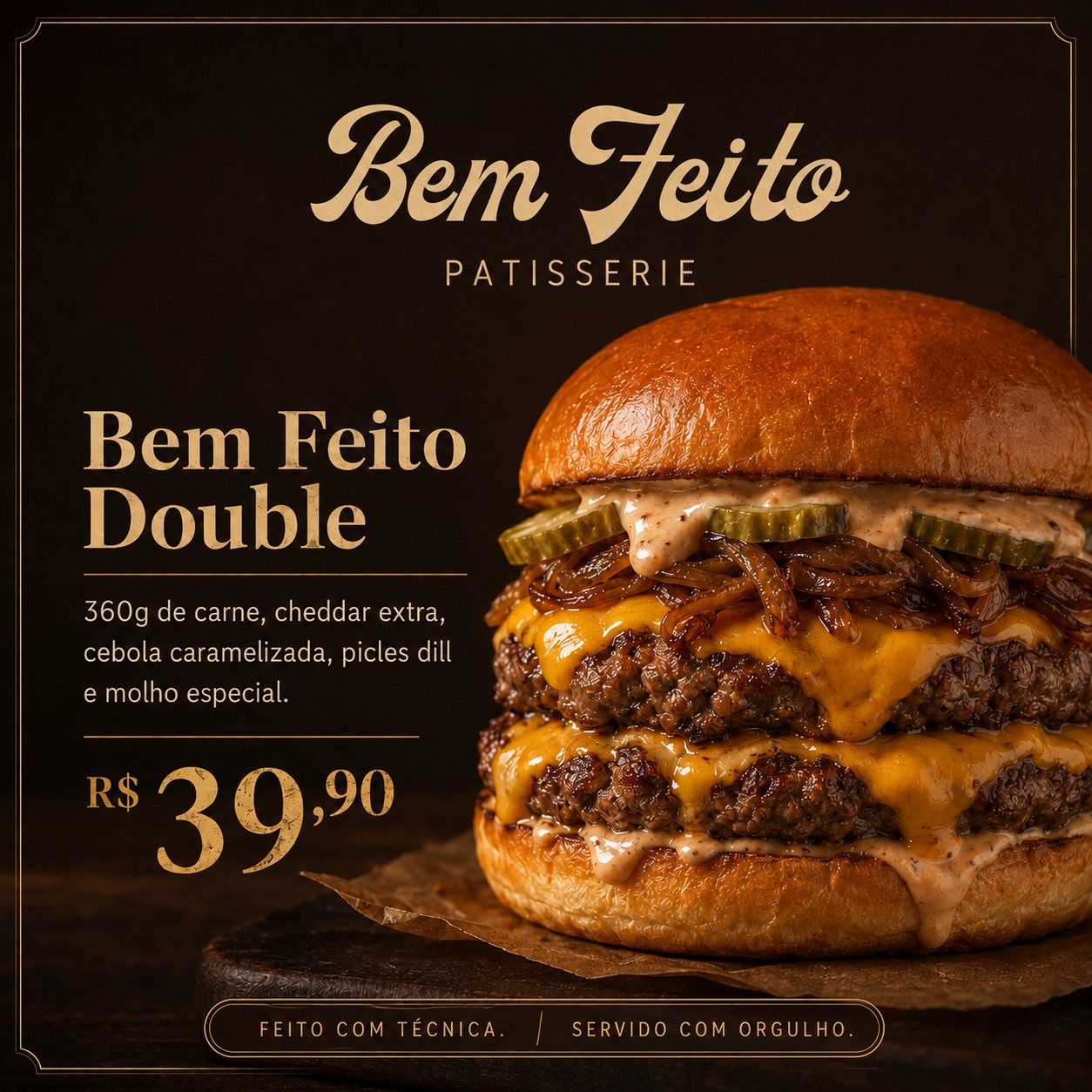 Bem Feito Double · 360g de carne, cheddar extra, cebola caramelizada